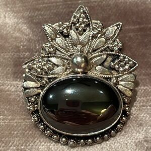 Romantic Silver & Black Brooch Asymmetrical Floral Design Sterling Silver 950